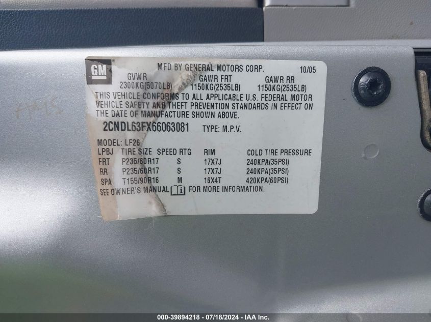 2006 Chevrolet Equinox Lt VIN: 2CNDL63FX66063081 Lot: 39894218