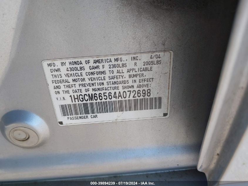 2004 Honda Accord 3.0 Ex VIN: 1HGCM66564A072698 Lot: 39894239