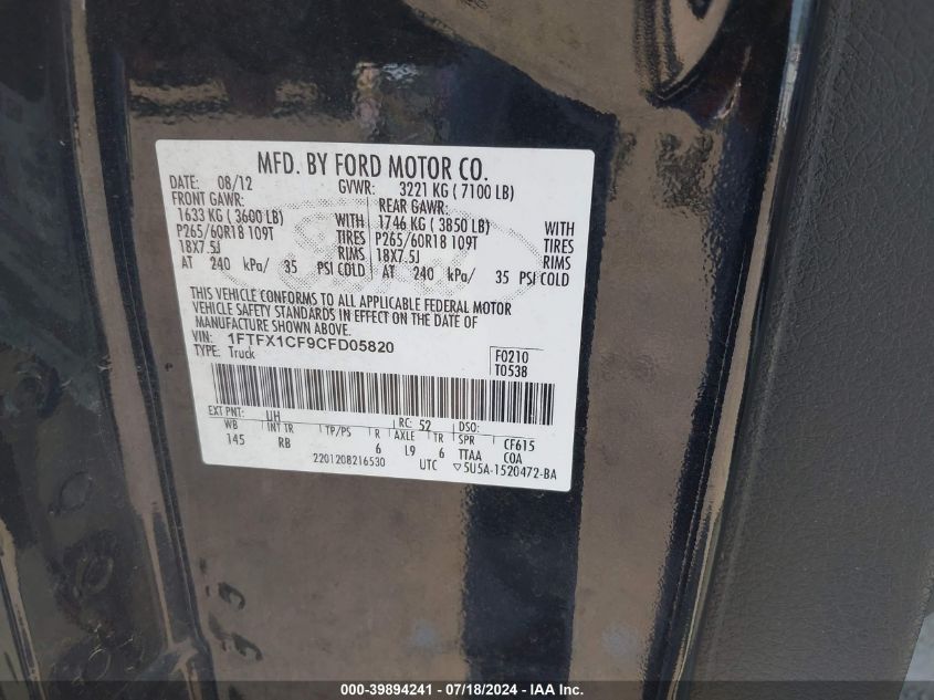 2012 Ford F-150 Fx2 VIN: 1FTFX1CF9CFD05820 Lot: 39894241