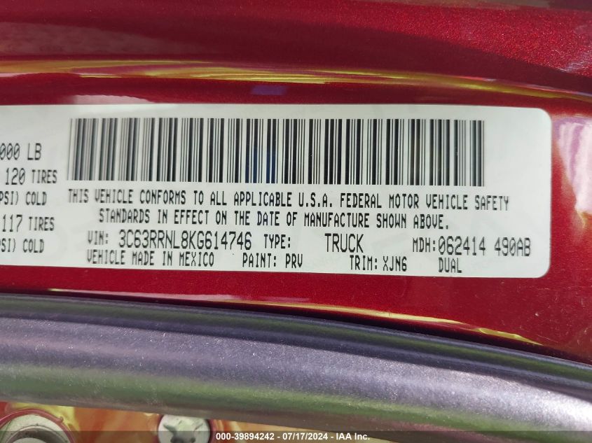 2019 Ram 3500 Longhorn Mega Cab 4X4 6'4 Box VIN: 3C63RRNL8KG614746 Lot: 39894242