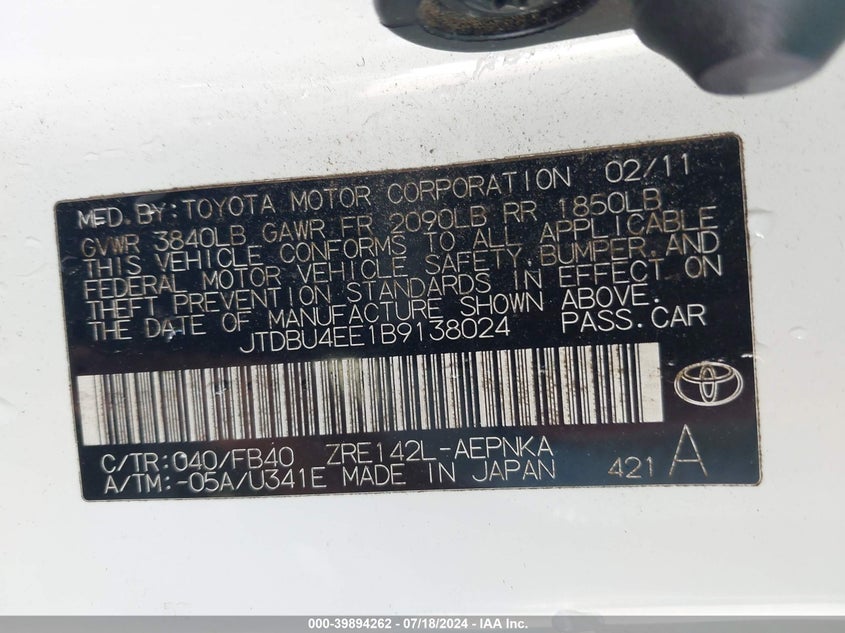 2011 Toyota Corolla Le VIN: JTDBU4EE1B9138024 Lot: 39894262