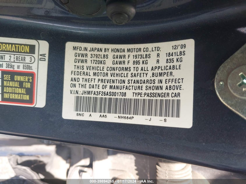 2010 Honda Civic Hybrid Hybrid VIN: JHMFA3F26AS001708 Lot: 39894265