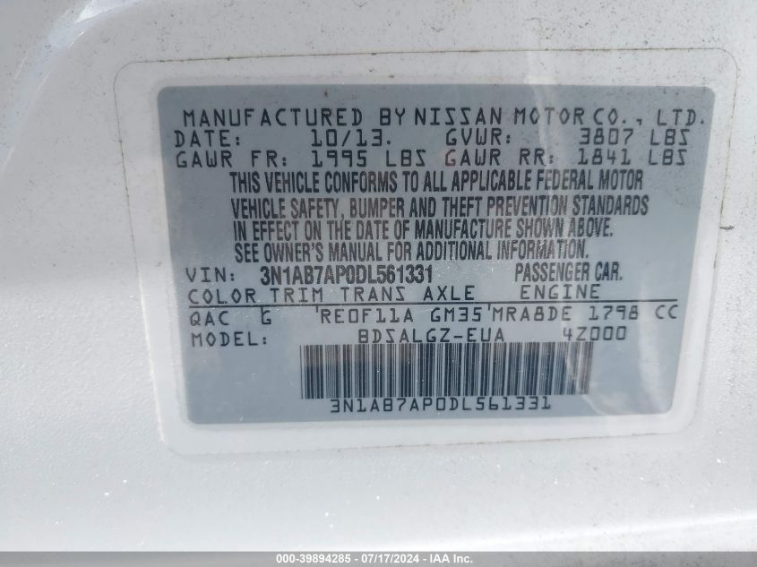 2013 NISSAN SENTRA SL - 3N1AB7AP0DL561331