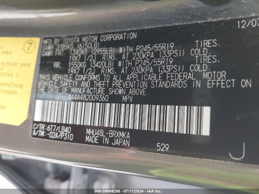 2008 Toyota Highlander Hybrid Limited VIN: JTEEW44A482009360 Lot: 39894298