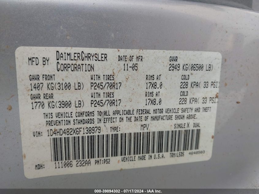 2006 Dodge Durango Slt VIN: 1D4HD482X6F138979 Lot: 39894302