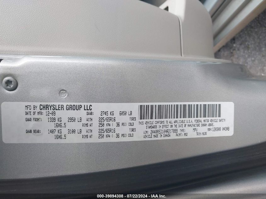 2010 Chrysler Town & Country Touring VIN: 2A4RR5D10AR217899 Lot: 39894308