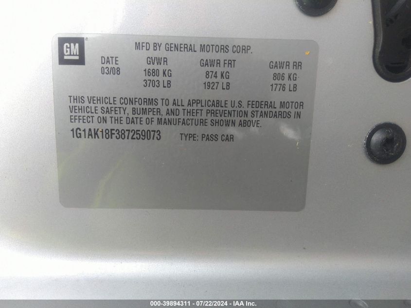 2008 Chevrolet Cobalt Ls VIN: 1G1AK18F387259073 Lot: 39894311