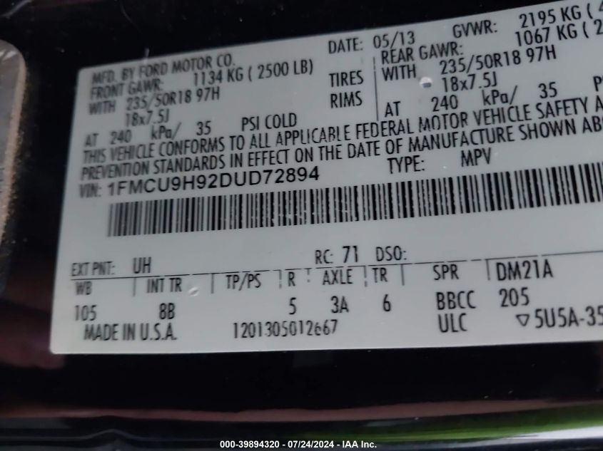 2013 Ford Escape Sel VIN: 1FMCU9H92DUD72894 Lot: 39894320