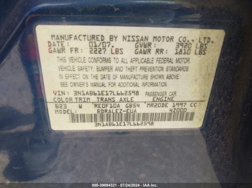 2007 Nissan Sentra 2.0/2.0S/2.0Sl VIN: 3N1AB61E17L662598 Lot: 39894321