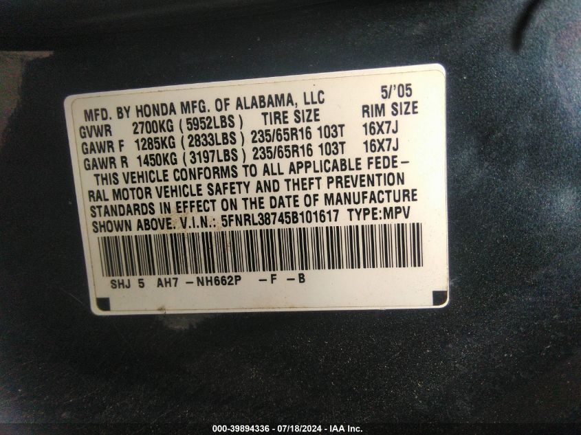 2005 Honda Odyssey Ex-L VIN: 5FNRL38745B101617 Lot: 39894336