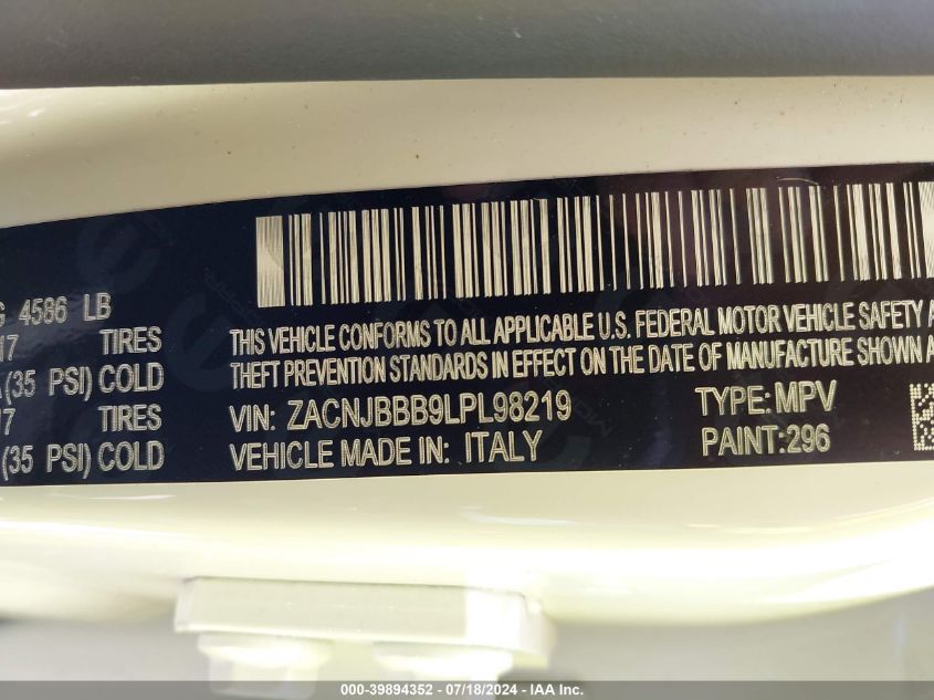 2020 Jeep Renegade Latitude 4X4 VIN: ZACNJBBB9LPL98219 Lot: 39894352