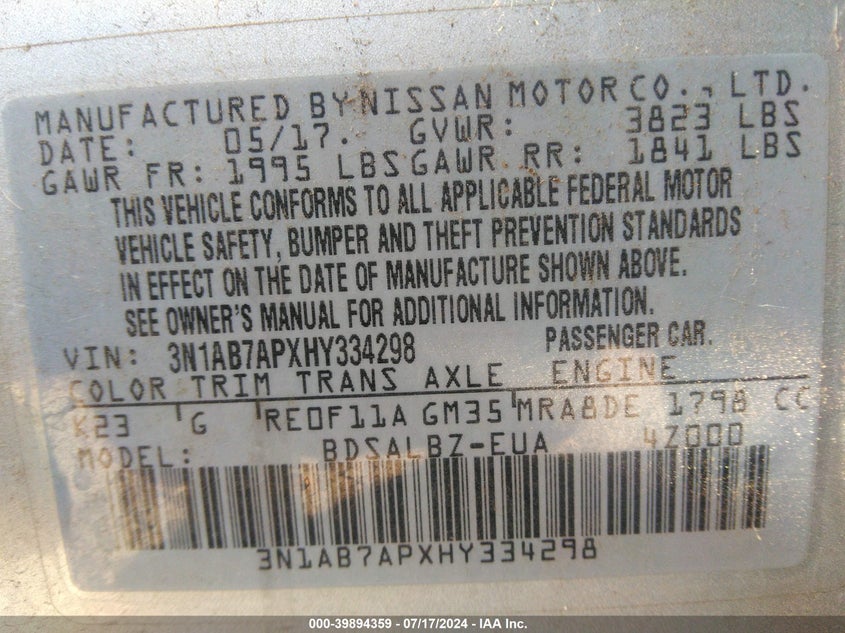 2017 Nissan Sentra S VIN: 3N1AB7APXHY334298 Lot: 39894359