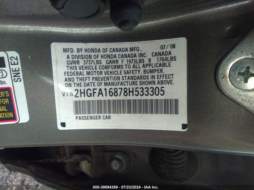 2008 Honda Civic Ex VIN: 2HGFA16878H533305 Lot: 39894389