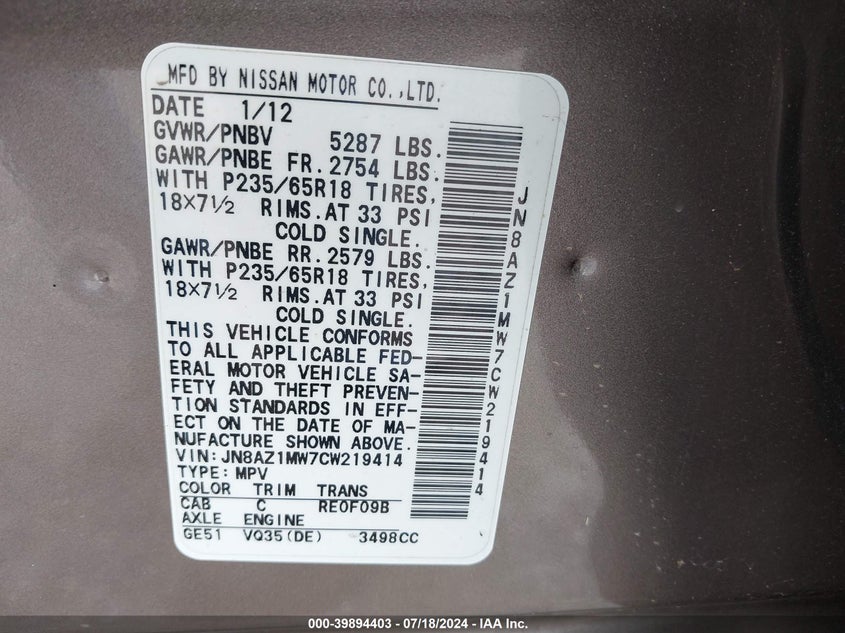 2012 Nissan Murano Sl VIN: JN8AZ1MW7CW219414 Lot: 39894403