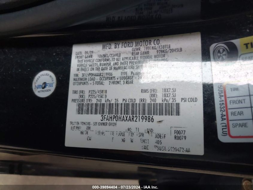 2010 Ford Fusion Se VIN: 3FAHP0HAXAR219986 Lot: 39894404