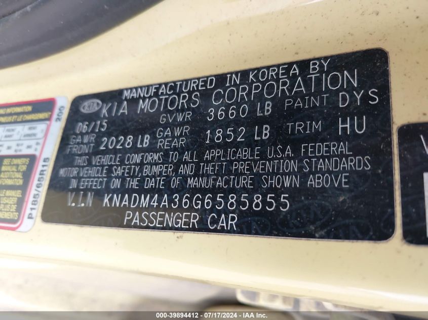 2016 Kia Rio Lx VIN: KNADM4A36G6585855 Lot: 39894412