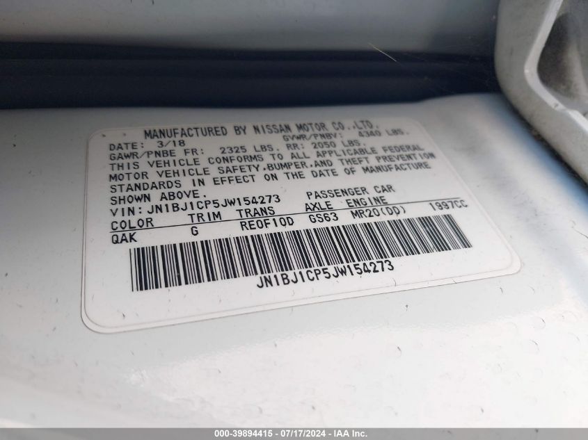2018 Nissan Rogue Sport S VIN: JN1BJ1CP5JW154273 Lot: 39894415