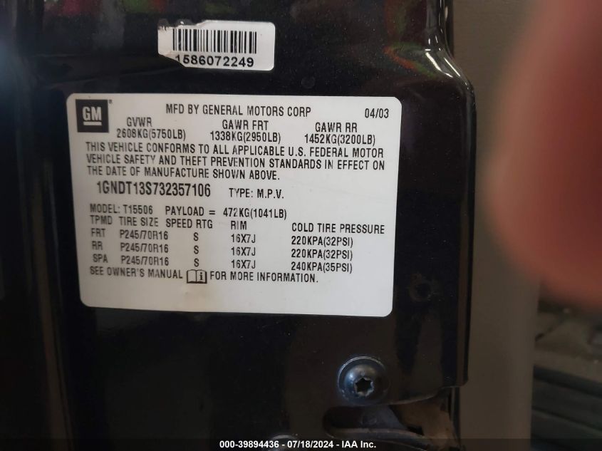 2003 Chevrolet Trailblazer Lt VIN: 1GNDT13S732357106 Lot: 39894436