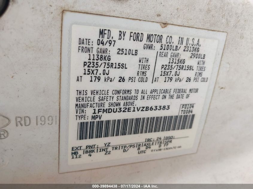 1997 Ford Explorer Eddie Bauer/Limited/Xl/Xlt VIN: 1FMDU32E1VZB63383 Lot: 39894438