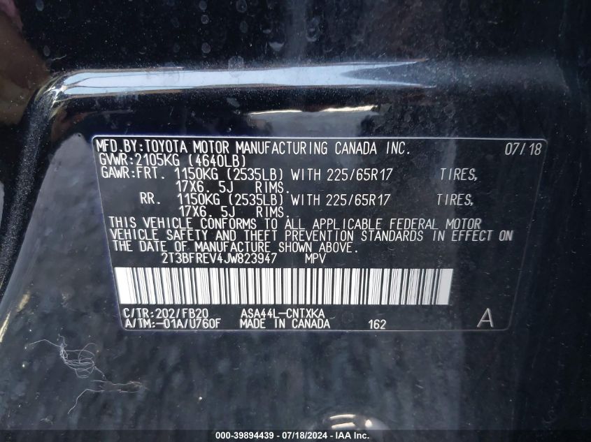 2018 Toyota Rav4 Le VIN: 2T3BFREV4JW823947 Lot: 39894439