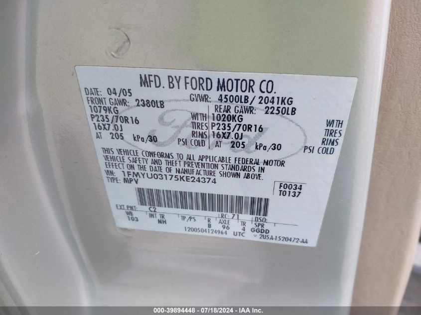 2005 Ford Escape Xlt VIN: 1FMYU03175KE24374 Lot: 39894448