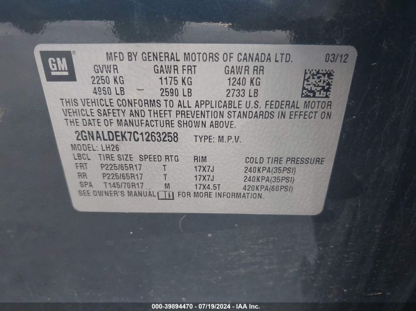 2012 Chevrolet Equinox Lt VIN: 2GNALDEK7C1263258 Lot: 39894470