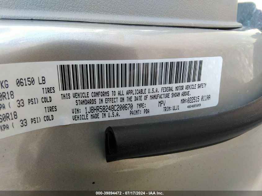 2008 Jeep Grand Cherokee Limited VIN: 1J8HR58248C200670 Lot: 39894472