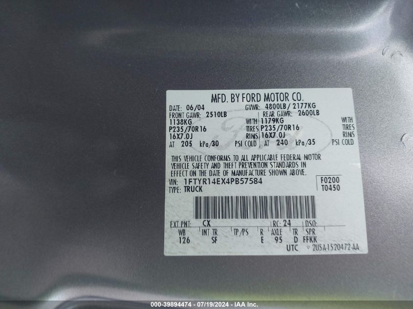 2004 Ford Ranger Edge VIN: 1FTYR14EX4PB57584 Lot: 39894474