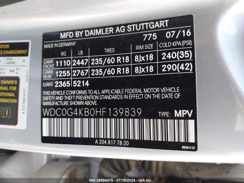 WDC0G4KB0HF139839 2017 Mercedes-Benz Glc 300 4Matic