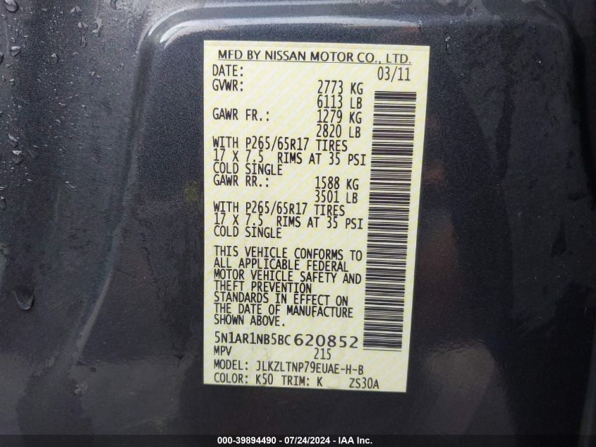 2011 Nissan Pathfinder S/Le/Se VIN: 5N1AR1NB5BC620852 Lot: 39894490