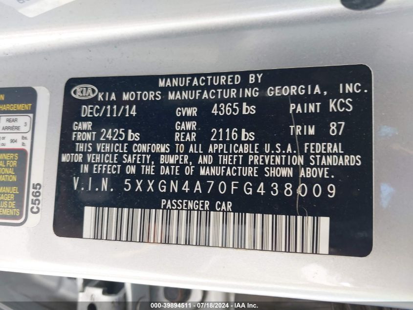 2015 Kia Optima Ex VIN: 5XXGN4A70FG438009 Lot: 39894511