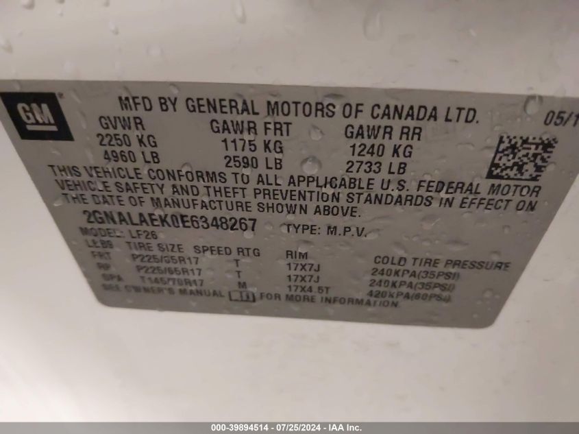 2GNALAEK0E6348267 2014 Chevrolet Equinox Ls