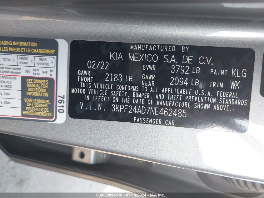 2022 Kia Forte Lxs VIN: 3KPF24AD7NE462485 Lot: 39894516
