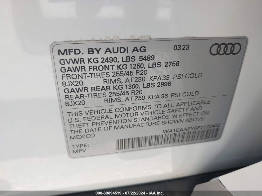 WA1EAAFY5P2122402 2023 Audi Q5 Premium Plus 45 Tfsi S Line Quattro