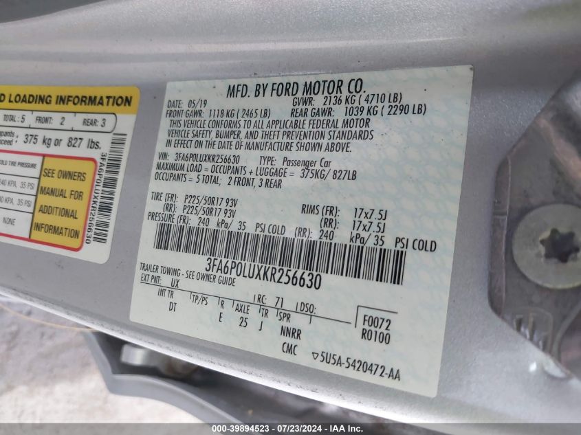 2019 Ford Fusion Se VIN: 3FA6P0LUXKR256630 Lot: 39894523