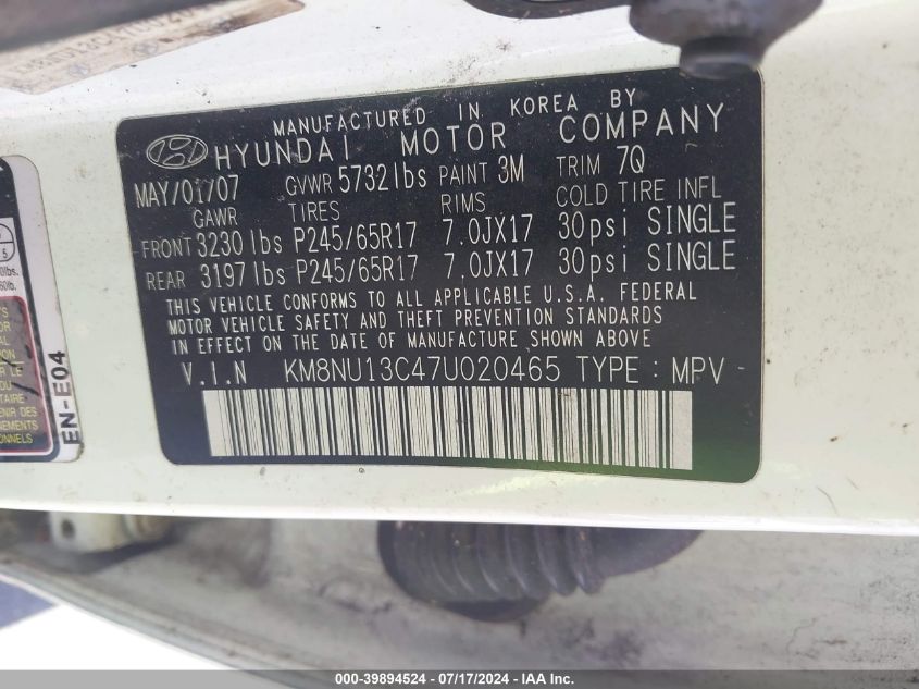 2007 Hyundai Veracruz Gls/Limited/Se VIN: KM8NU13C47U020465 Lot: 39894524