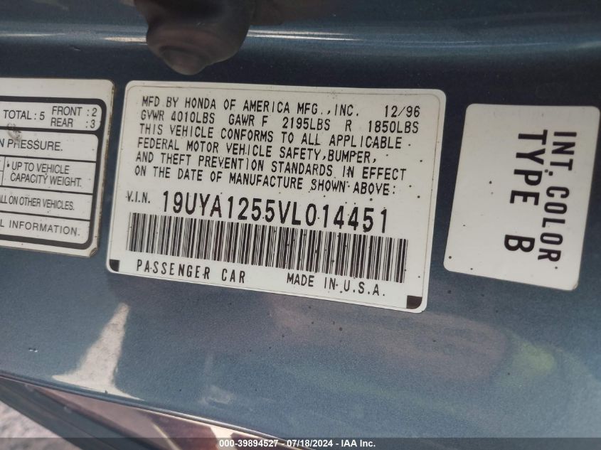 1997 Acura Cl 2.2 VIN: 19UYA1255VL014451 Lot: 39894527