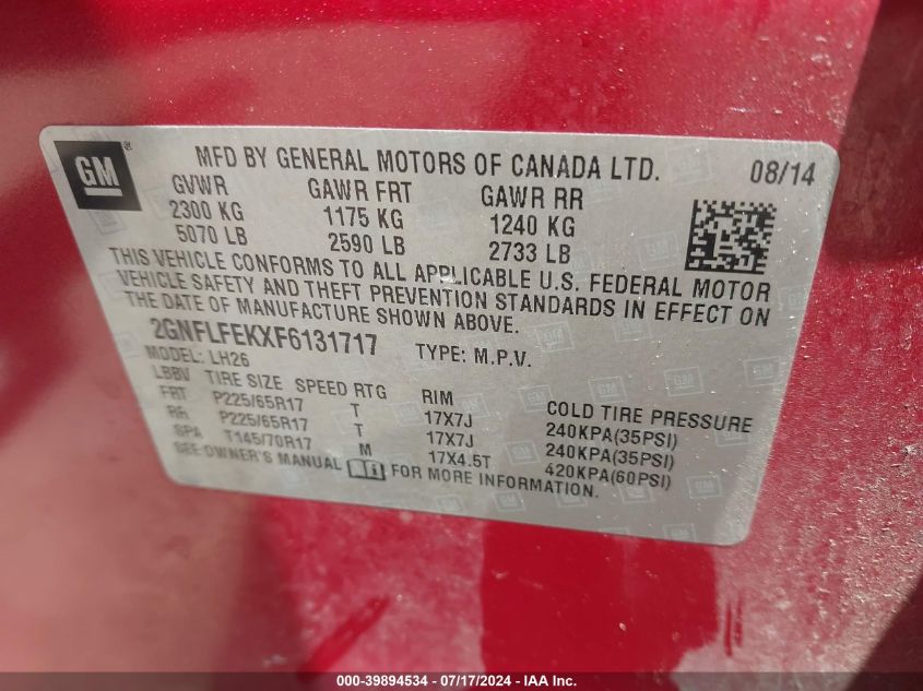 2015 Chevrolet Equinox 1Lt VIN: 2GNFLFEKXF6131717 Lot: 39894534