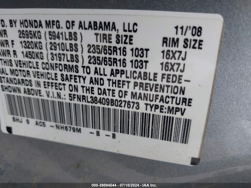 2009 Honda Odyssey Ex VIN: 5FNRL38409B027673 Lot: 39894544