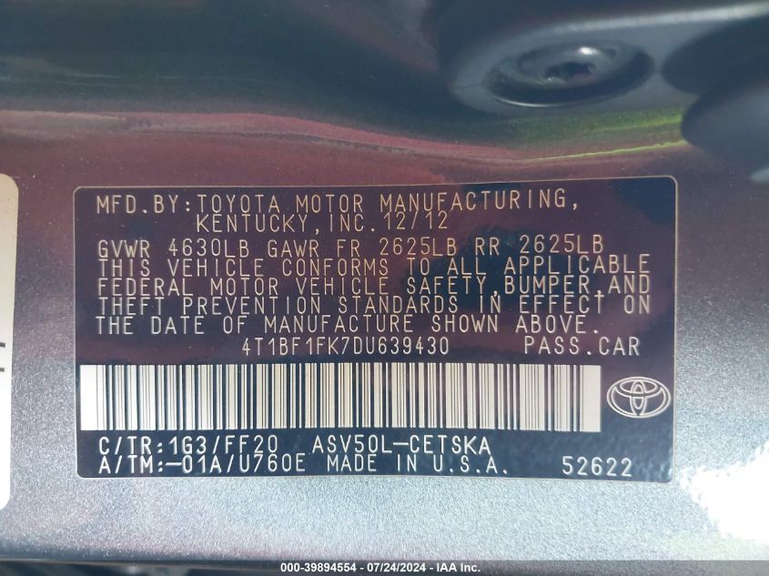 04T1BF1FK7DU63943 2013 Toyota Camry L/Se/Le/Xle