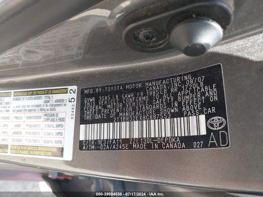 2008 Toyota Corolla Ce VIN: 2T1BR32EX8C887553 Lot: 39894556