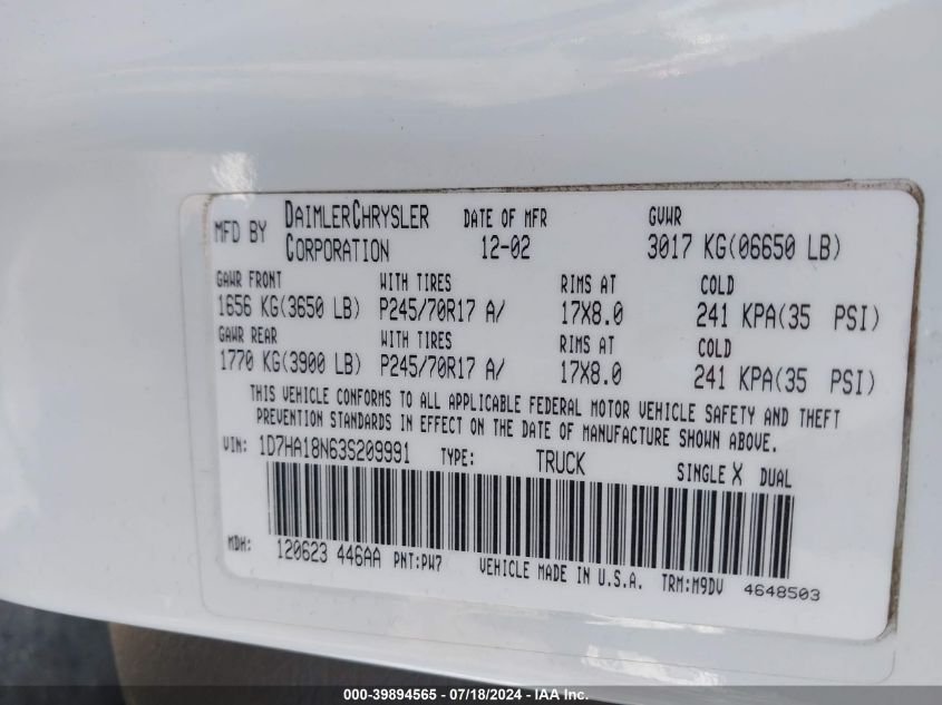 2003 Dodge Ram 1500 Slt/Laramie/St VIN: 1D7HA18N63S209991 Lot: 39894565