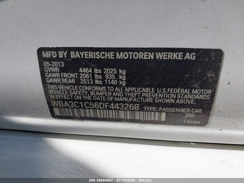 2013 BMW 328I VIN: WBA3C1C56DF443268 Lot: 39894567