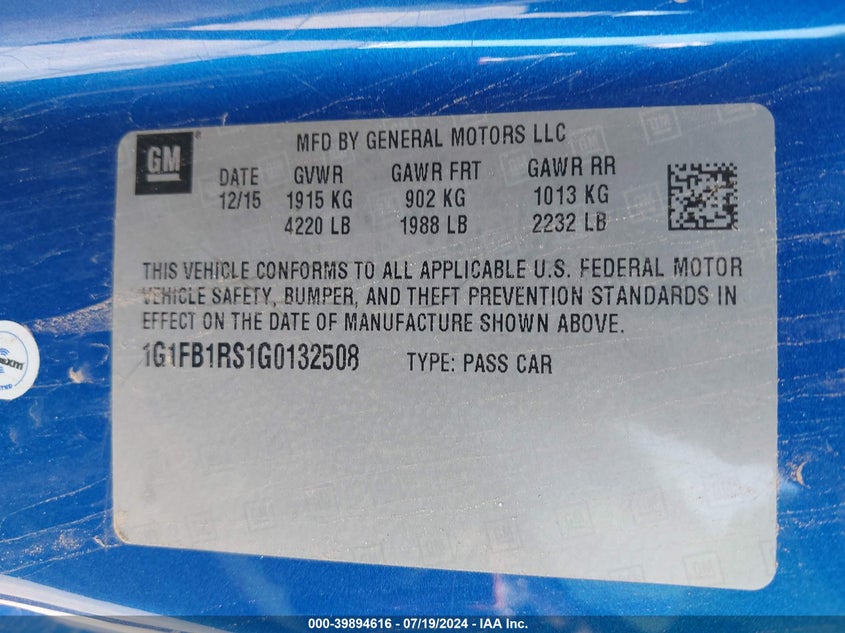 2016 Chevrolet Camaro Lt VIN: 1G1FB1RS1G0132508 Lot: 39894616