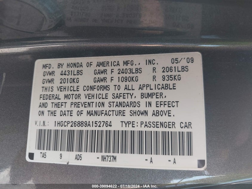 2009 Honda Accord 2.4 Ex-L VIN: 1HGCP26889A152764 Lot: 39894622