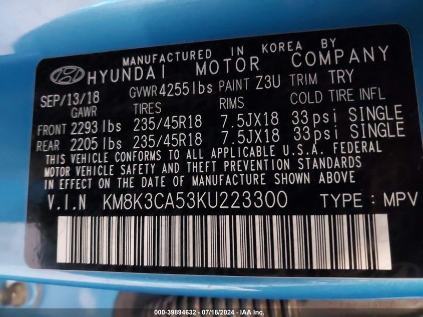 2019 Hyundai Kona Limited VIN: KM8K3CA53KU223300 Lot: 39894632