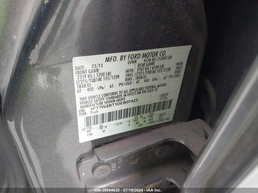 2013 FORD F-250 XLT - 1FT7W2BT1DEB07423