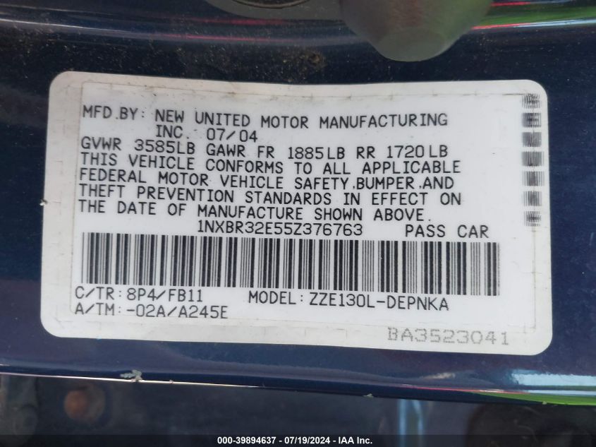 2005 Toyota Corolla Ce/Le/S VIN: 1NXBR32E55Z376763 Lot: 39894637