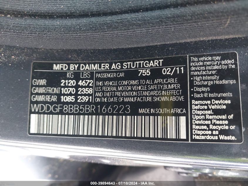 2011 Mercedes-Benz C 300 Luxury 4Matic/Sport 4Matic VIN: WDDGF8BB5BR166223 Lot: 39894643