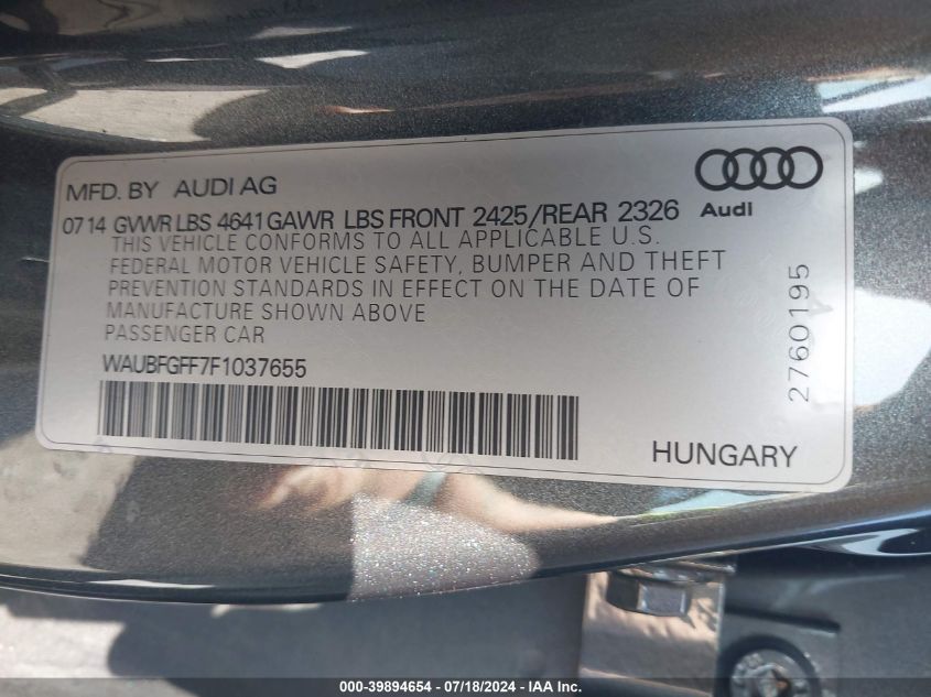 2015 Audi S3 Premium Plus VIN: WAUBFGFF7F1037655 Lot: 39894654